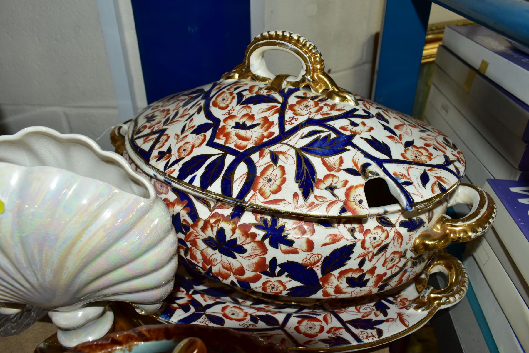 A GROUP OF CERAMICS AND GLASSWARE, including a reproduction majolica game pie dish, an Imari - Image 9 of 11