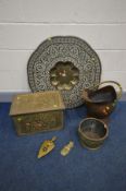 A QUANTITY OF METALWARE to include an Anglo Indian brass top table (no base), brass slipper box,
