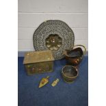 A QUANTITY OF METALWARE to include an Anglo Indian brass top table (no base), brass slipper box,