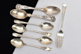 SIX SILVER TEASPOONS AND A SILVER DESSERT FORK, four teaspoons each with a decorative foliate design