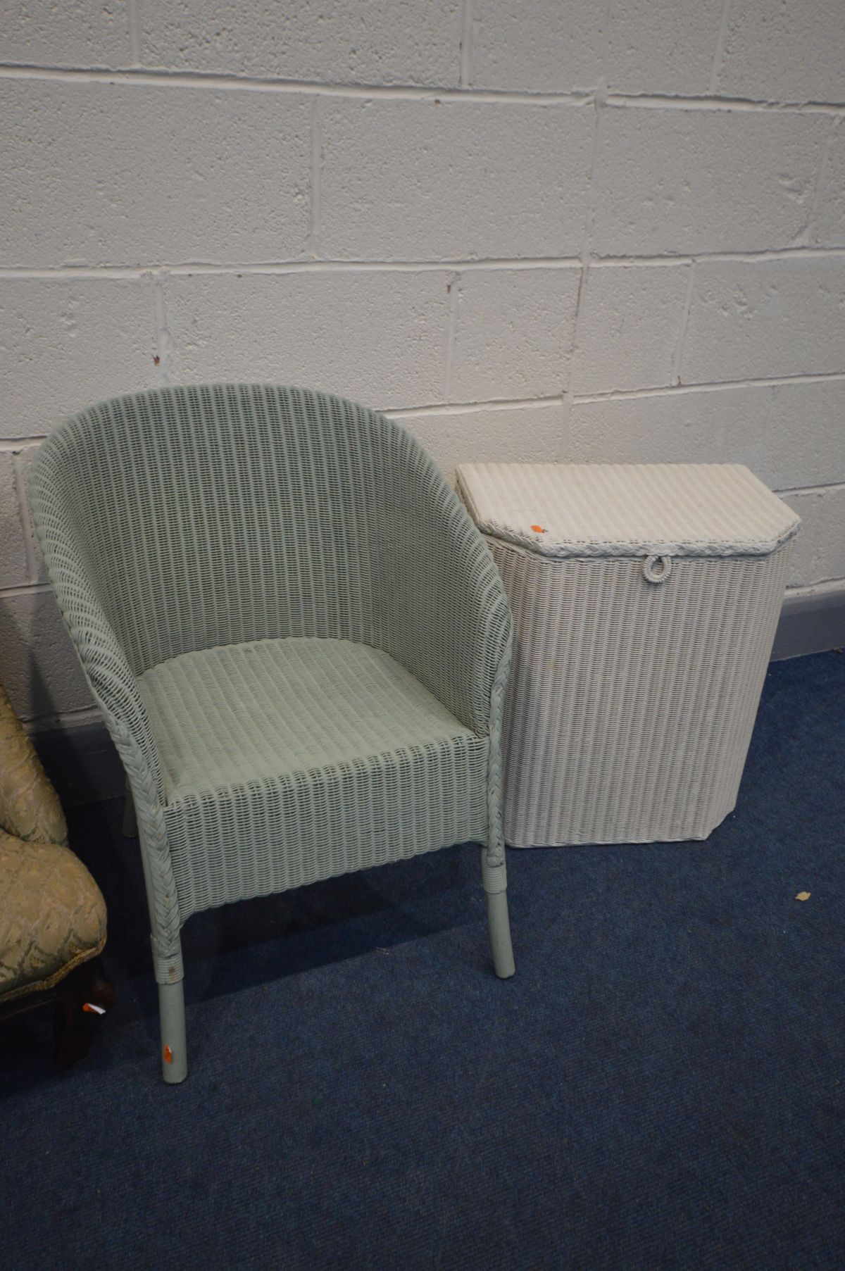 A VICTORIAN STYLE MAHOGANY STOOL, along with a Victorian bedroom chair (repairs) a Lloyd loom basket - Image 4 of 4