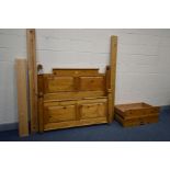 A MODERN PINE 4FT6 BEDSTEAD, with side rails, slats and two sliding drawers (complete with bolts)