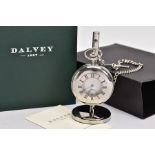 A 'DALVEY' HALF HUNTER POCKET WATCH, round silver tone dial signed 'dalvey', blue Roman numerals,