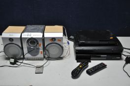 A PHILIPS MINI HI FI with remote, a Samsung Virgin Box with remote, a Samsung Blu-ray Player with