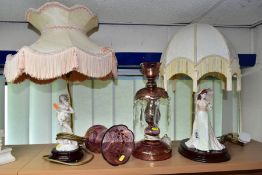 THREE MODERN TABLE LAMPS, comprising a Coalport Ladies of Fashion 'Vicky' based lamp, with fabric