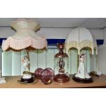 THREE MODERN TABLE LAMPS, comprising a Coalport Ladies of Fashion 'Vicky' based lamp, with fabric