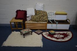 A QUANTITY OF OCCASSIONAL FURNITURE, including two ottomans, bamboo table, a wicker linen box, three