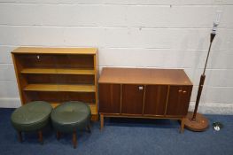 A TEAK DOUBLE BI-FOLD RECORD CABINET on square tapering legs, a teak three tier bookcase with