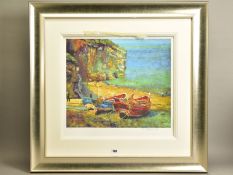 ROLF HARRIS (AUSTRALIA 1930) 'FIGURES ON THE BEACH' a limited edition print of fishing boats 48/195,