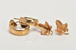 A PAIR OF 9CTR GOLD STUD EARRINGS AND A PAIR OF 9CT GOLD HOOP EARRINGS, the first pair each designed