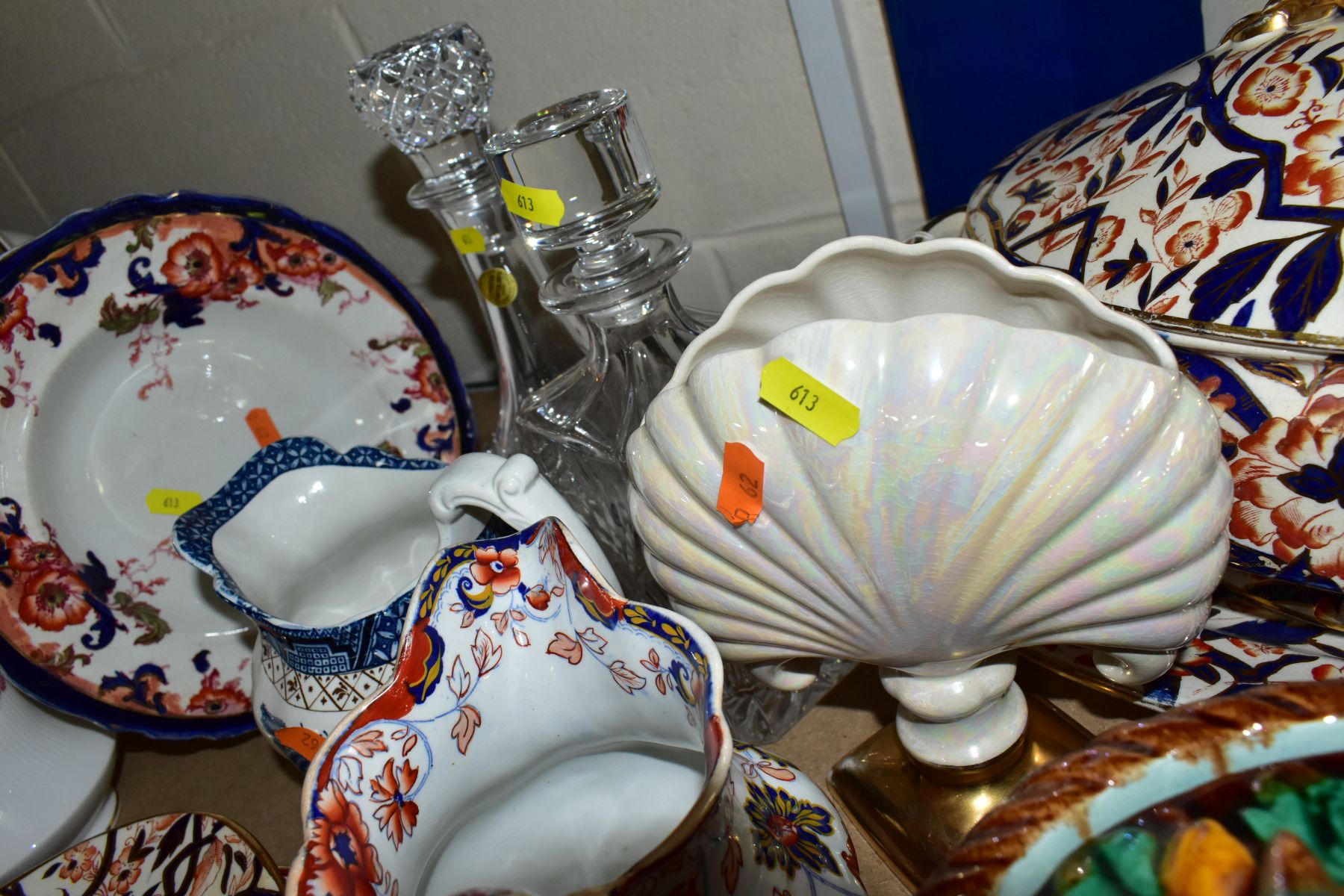 A GROUP OF CERAMICS AND GLASSWARE, including a reproduction majolica game pie dish, an Imari - Image 10 of 11