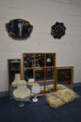 A COLLECTION OF MIRRORS AND LIGHTING to include a teak panelled mirror, 110cm x 83cm, three giltwood