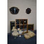 A COLLECTION OF MIRRORS AND LIGHTING to include a teak panelled mirror, 110cm x 83cm, three giltwood