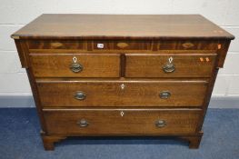 A GEORGIAN OAK, MAHOGANY, SHELL INLAID CHEST OF TWO SHORT OVER TWO LONG DRAWERS, ivory