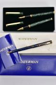 A CASED 'WATERMAN' AND ANOTHER CASED TWO-PIECE PEN SET, the 'Waterman' ballpoint pen with a blue