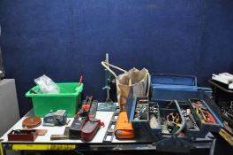 TWO CANTILEVER TOOLBOXES, A BAG AND A TRAY CONTAINING TOOLS including a Millers Falls No87 plane,