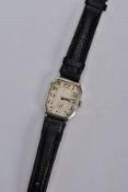 A GENTS EARLY 20TH CENTURY SILVER WRISTWATCH, AF watch with a rectangular engine turned silver