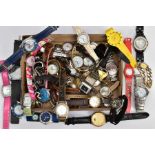 A BOX OF ASSORTED LADIES AND GENTS DRESS WRISTWATCHES, mostly quartz movements, to include names