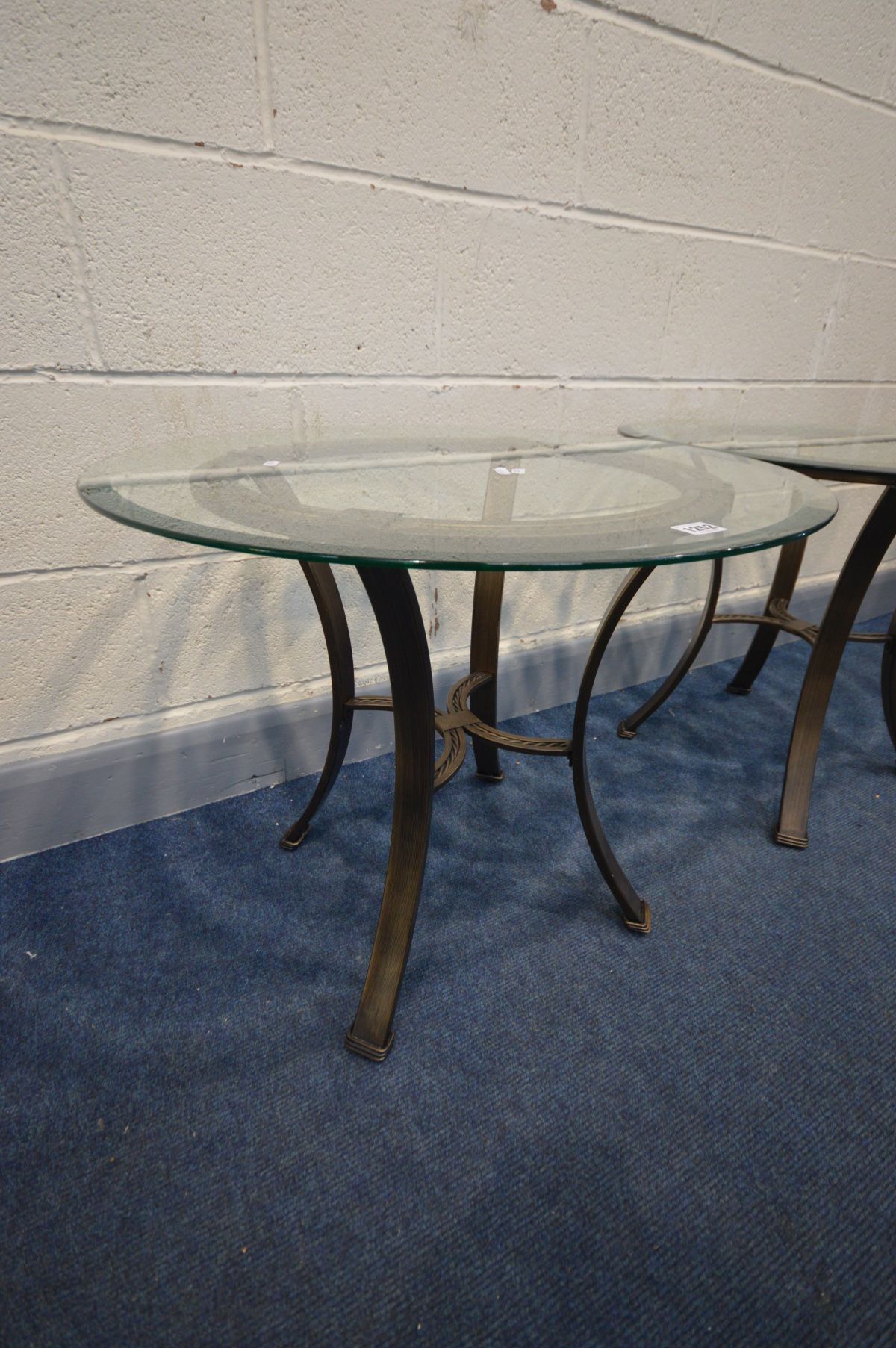 A PAIR OF MODERN METAL OCCASIONAL TABLES, with circular bevelled glass tops, diameter 66cm x - Image 3 of 3