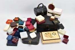 A BOX OF EMPTY JEWELLERY BOXES, to include a rectangular hinged musical jewellery box, a small