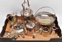 A BOX OF WHITE METALWARE AND COMMEMORATIVE COINS, to include a 'Walker & Hall' circular dish with