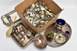 TWO BOXES OF ASSORTED WHITE METALWARE, to include an oval tray, dwarf candles, pepperettes, a blue