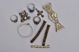 A BAG OF ASSORTED SILVER AND WHITE METAL JEWELLERY, to include a wide silver gate bracelet, fitted