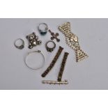 A BAG OF ASSORTED SILVER AND WHITE METAL JEWELLERY, to include a wide silver gate bracelet, fitted