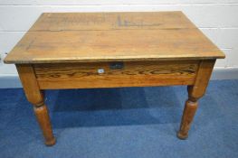 A 19TH CENTURY PITCH PINE TABLE with a hinged top storage compartment, on turned legs, length