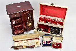 A BOX OF MAINLY COSTUME JEWELLERY, to include an early 20th century 9ct gold double sided photograph