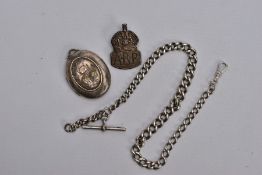 A VICTORIAN SILVER LOCKET, A SILVER ALBERT CHAIN AND AN A.R.P. BADGE, the a.f. Locket of an oval