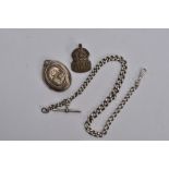 A VICTORIAN SILVER LOCKET, A SILVER ALBERT CHAIN AND AN A.R.P. BADGE, the a.f. Locket of an oval