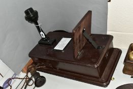 AN EARLY GPO PRE DIAL MAGNETO WALL PHONE, wooden with hinged shelf, handle to right side, ear