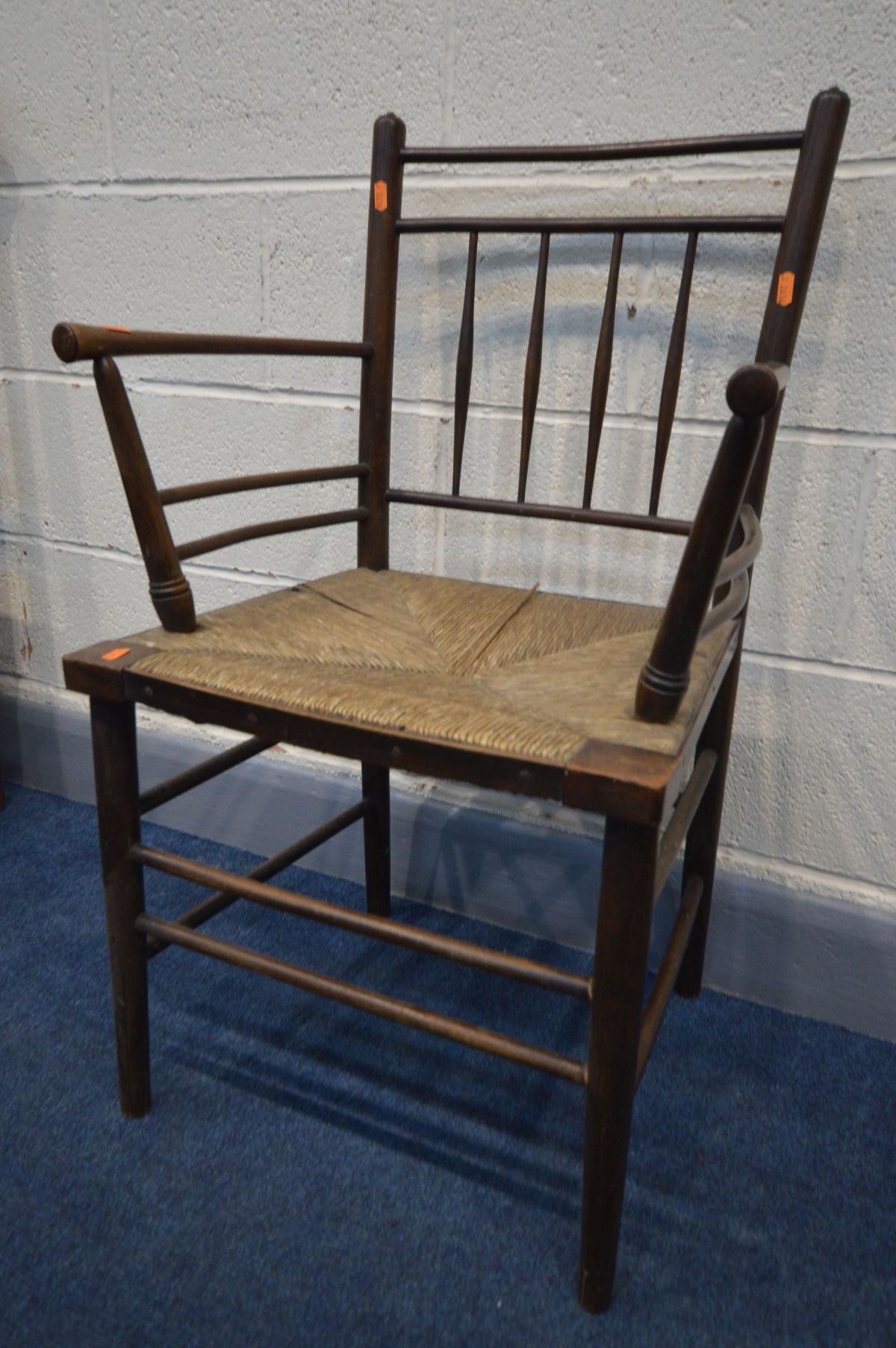 IN THE MANNER OF MORRIS & CO SUFFOLK CHAIR, the back with spindles and horizontal rails, open arm - Image 2 of 4