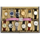 A WATCH DISPLAY CASE WITH WATCHES, faux leather black case with a glass window, twelve watch storage