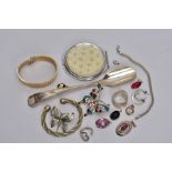 A BAG OF ASSORTED ITEMS, to include a silver snake bracelet fitted with a lobster claw clasp,