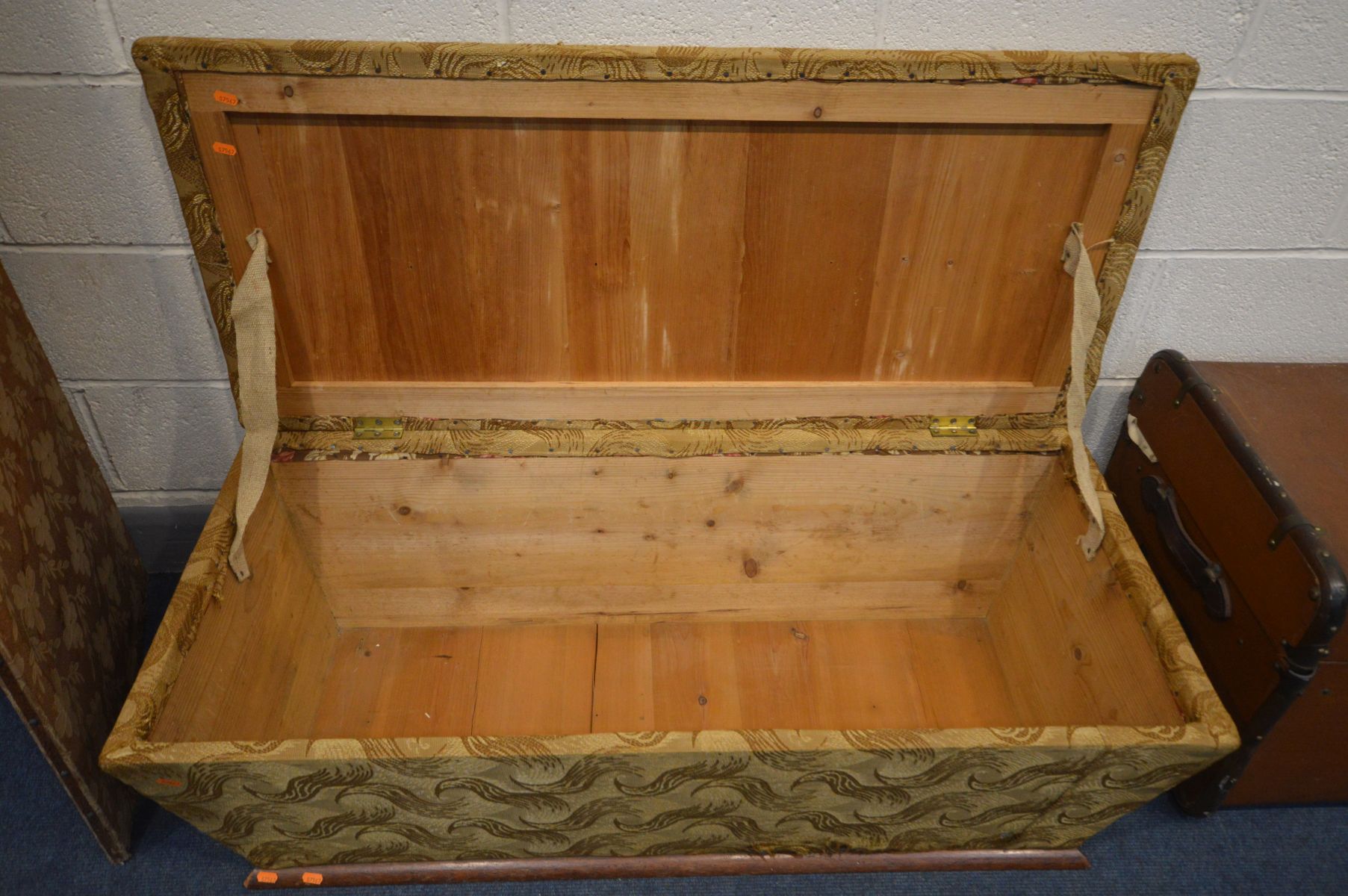 A 19TH CENTURY CELLARETTE STYLE BLANKET CHEST, width 124cm x depth 55cm x height 43cm (losses) along - Image 3 of 5