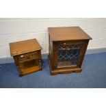 AN OAK OLD CHARM LAMP TABLE with a single drawer together with an oak Old Charm oak hifi cabinet,