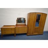 AN EARLY TO MID 20TH CENTURY OAK THREE PIECE BEDROOM SUITE, comprising a two door wardrobe with a