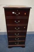 A MAHOGANY FILE CABINET, with a brown leather inlay top, three deep drawers, drop handles, width