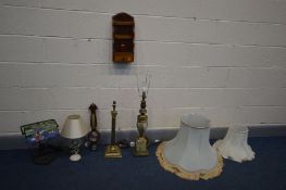 FOUR VARIOUS TABLE LAMPS, to include a brass and onyx lamp with a fabric shade, a Widdop Bingham