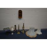 FOUR VARIOUS TABLE LAMPS, to include a brass and onyx lamp with a fabric shade, a Widdop Bingham