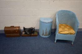 TWO SINGER SEWING MACHINES (one missing lid, one locked) a Lloyd loom bucket chair and linen