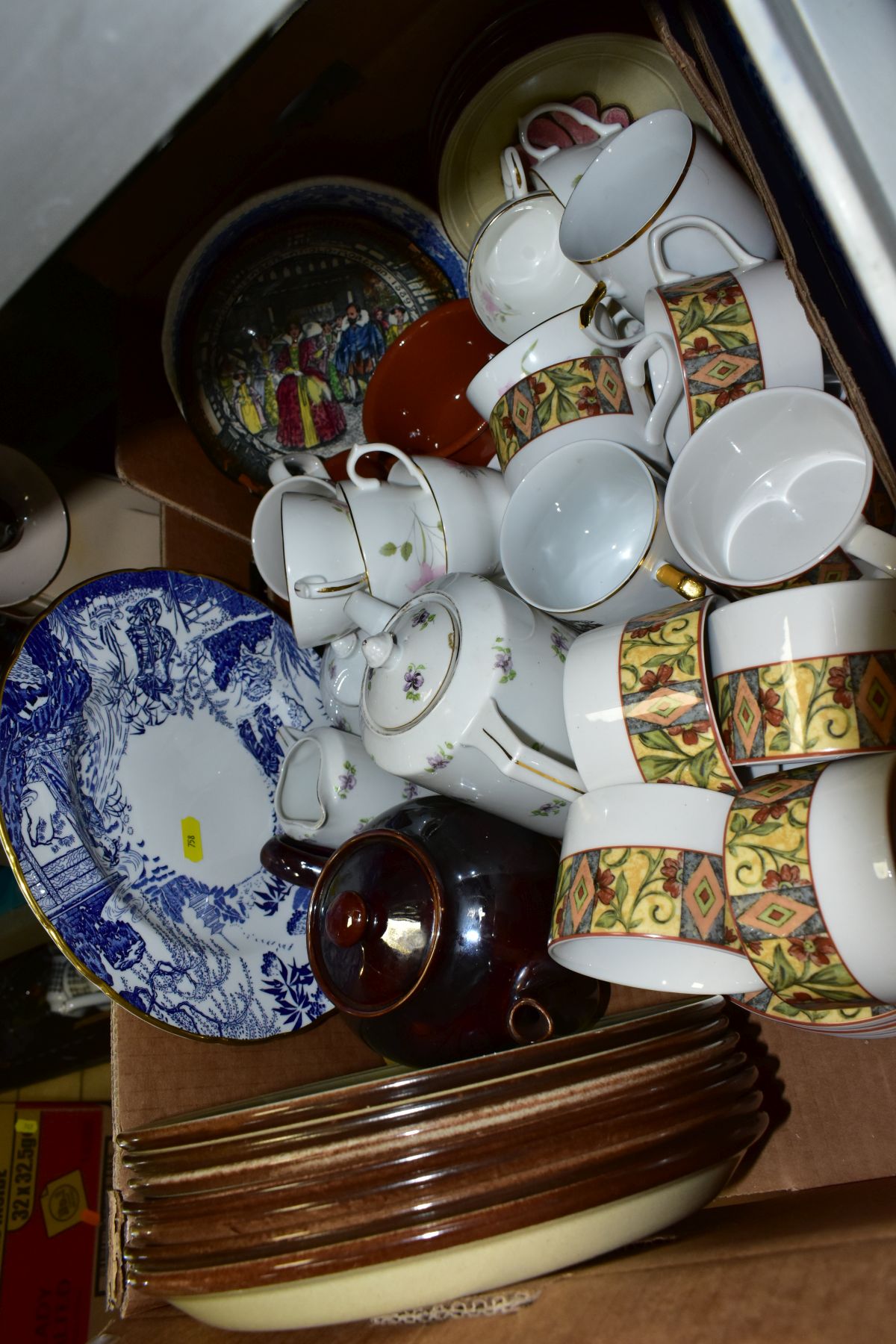TWO BOXES OF CERAMICS AND GLASS etc to include Doulton Cinnabar coffee cups and saucers, other - Image 4 of 5