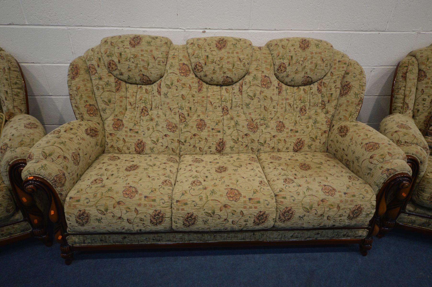 A WOOD AND UPHOLSTERED THREE PIECE SUITE, comprising a sofa, length 192cm and a pair of armchairs ( - Image 3 of 4