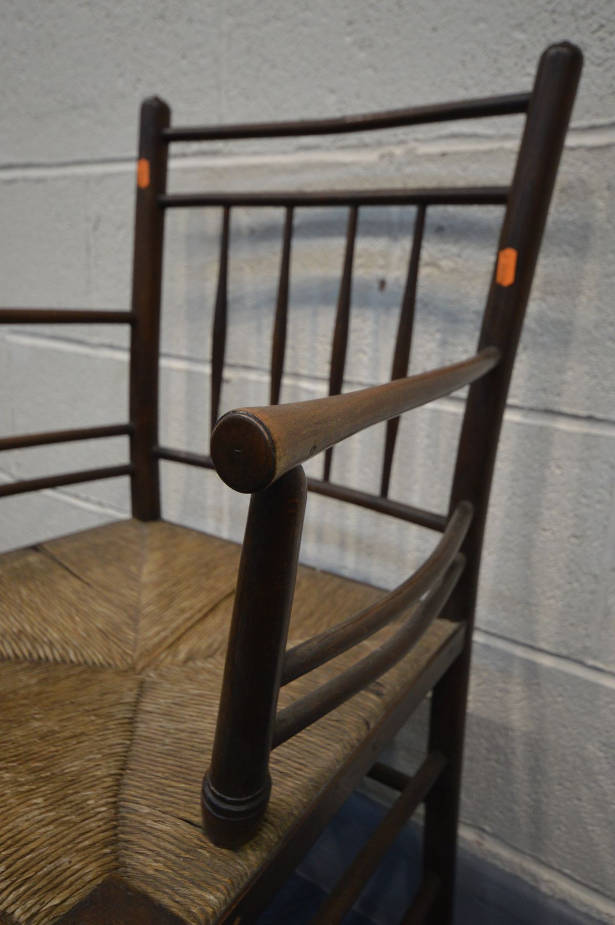 IN THE MANNER OF MORRIS & CO SUFFOLK CHAIR, the back with spindles and horizontal rails, open arm - Image 3 of 4