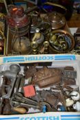 A QUANTITY OF ASSORTED METALWARE, to include a Tilley Lamp, two copper kettles, brass doorstop in