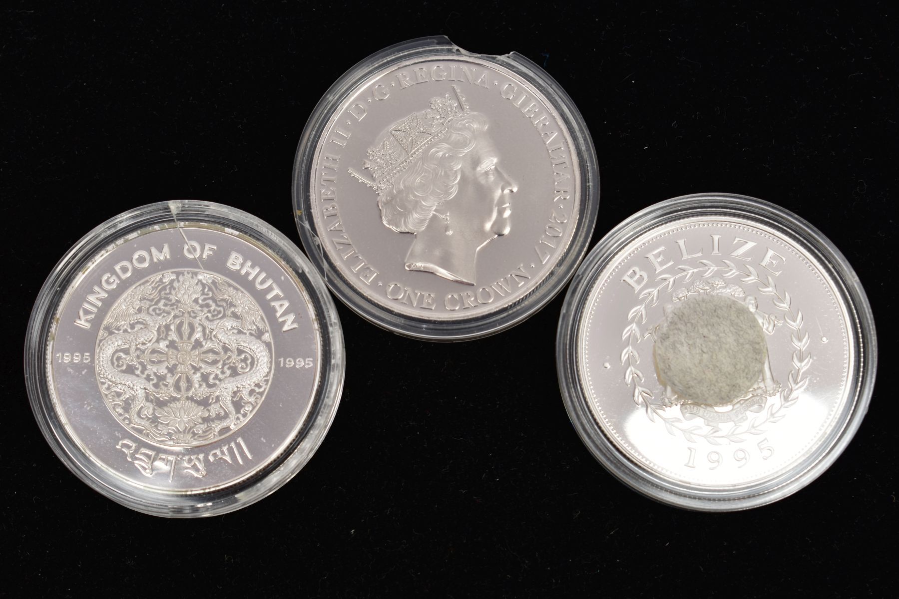 THREE SILVER PROOF COINS to include a Belize silver proof 1995 Queen Mum five dollars, a Bhjutan 300 - Image 2 of 2