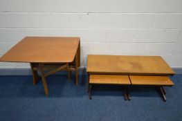 A TEAK PORTWOOD FURNITURE COFFEE/NEST OF THREE TABLES, width 120cm x depth 48cm x height 41cm and