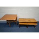 A TEAK PORTWOOD FURNITURE COFFEE/NEST OF THREE TABLES, width 120cm x depth 48cm x height 41cm and